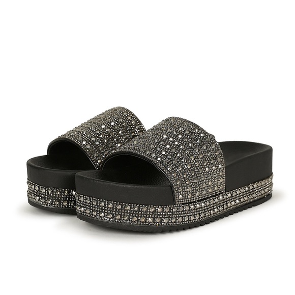 BAMBOO Shoes - Bamboo Rhinestone Encrusted Platform Slide Sandal
